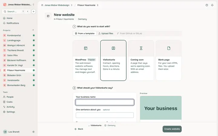 Starting a new website: choose a template, upload a folder or ZIP, or pick WordPress.