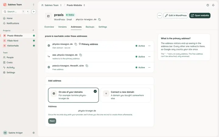A website's addresses: its own thesoft.site address and an own domain, securely connected.