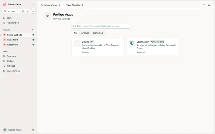 App-Katalog: ausgewählte Apps, die sich mit einem Klick in ein Projekt installieren lassen.