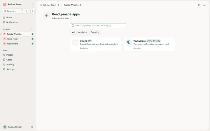 App catalog: curated apps that install into a project with one click.