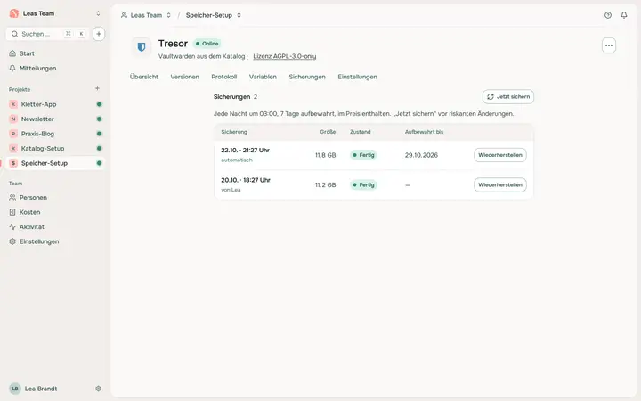 Sicherungen einer App: automatische nächtliche und eine manuelle Sicherung, alles in Ordnung.