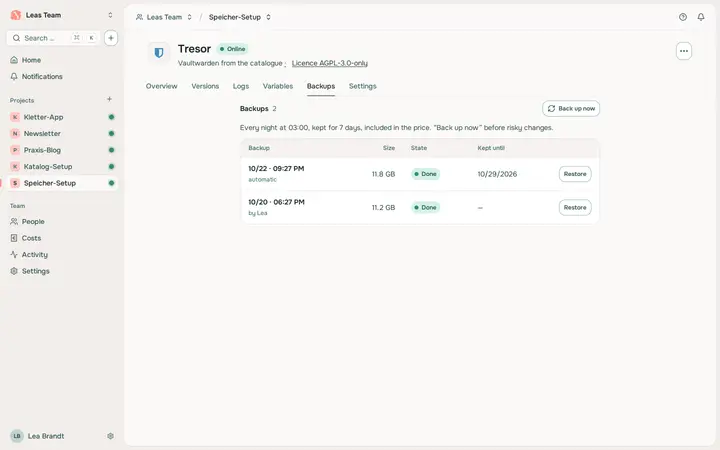 An app's backups: an automatic nightly backup and one manual backup, all healthy.