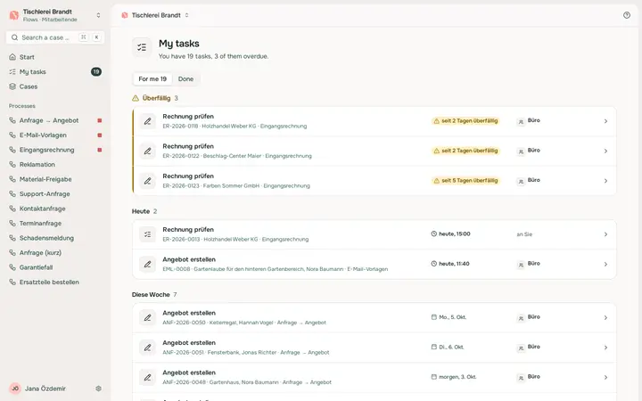 My tasks: a few open tasks in Jana’s inbox.