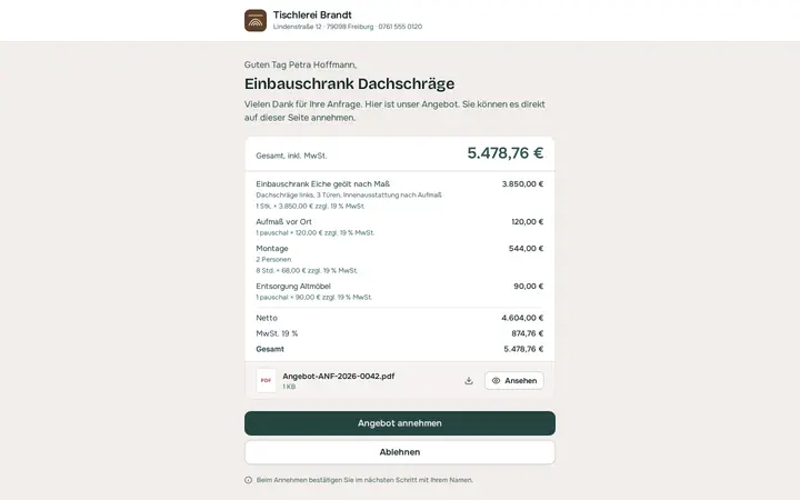 Kundenseite: ein Angebot von Tischlerei Brandt zur Annahme.