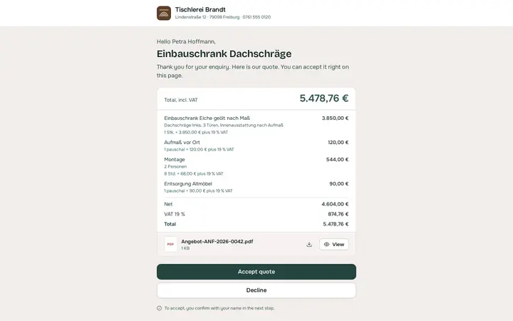 Customer page: a quote from Tischlerei Brandt awaiting acceptance.